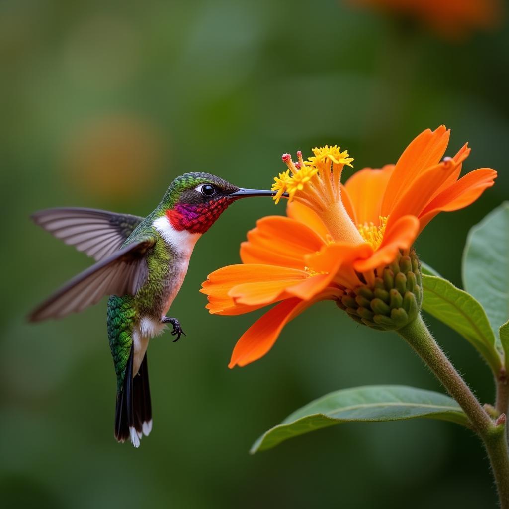 Hummingbird Hovering Near a Vibrant Flower