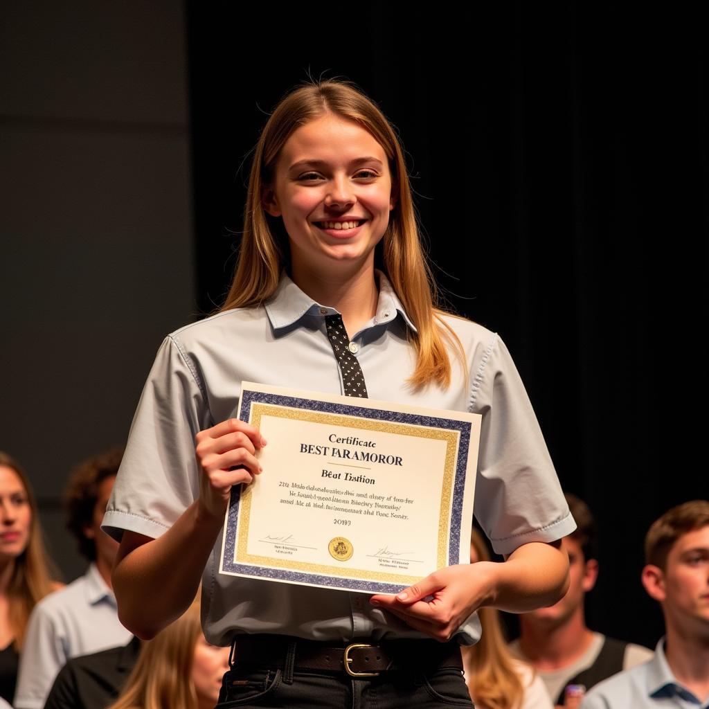 Student receiving an award certificate on stage