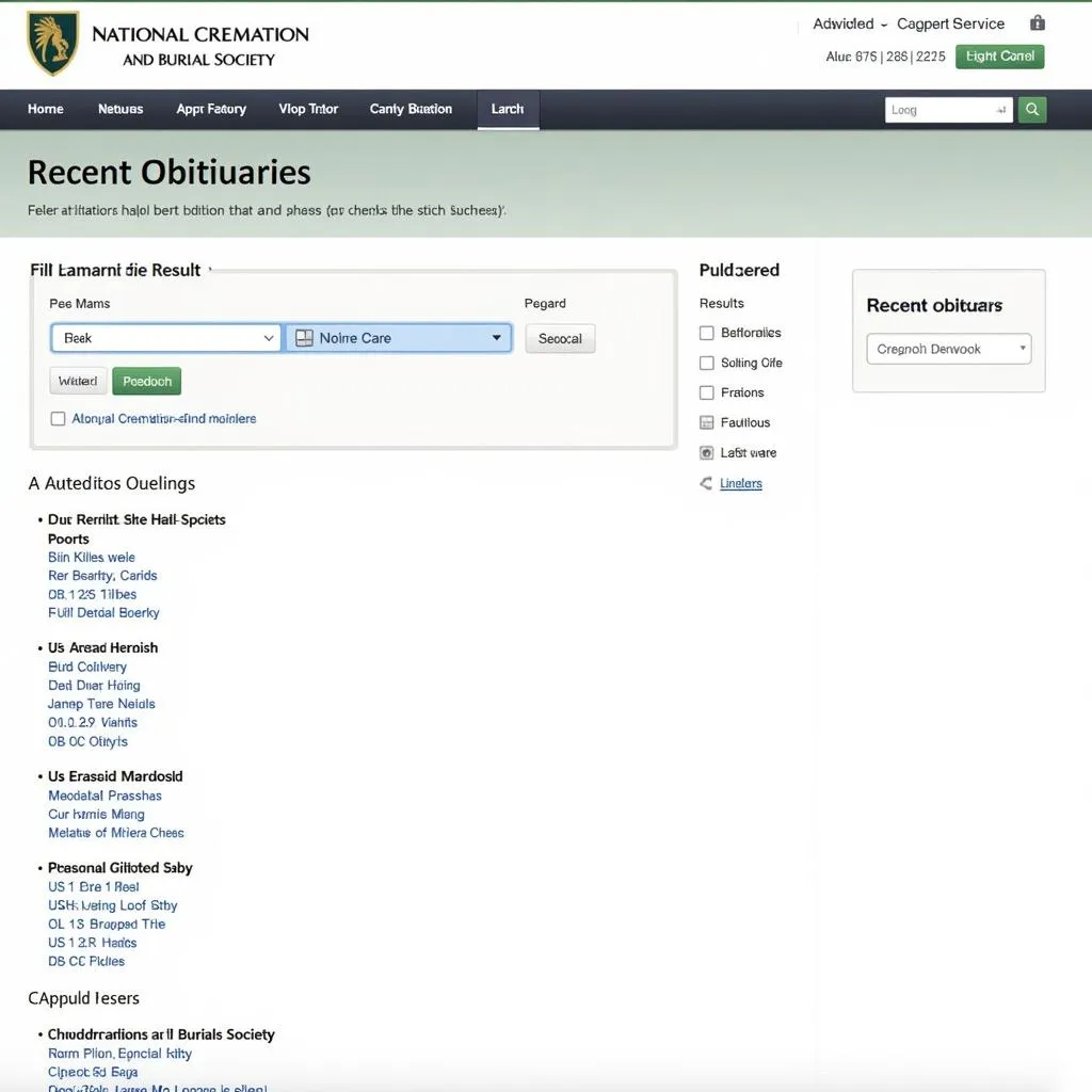 Website interface for National Cremation and Burial Society obituaries