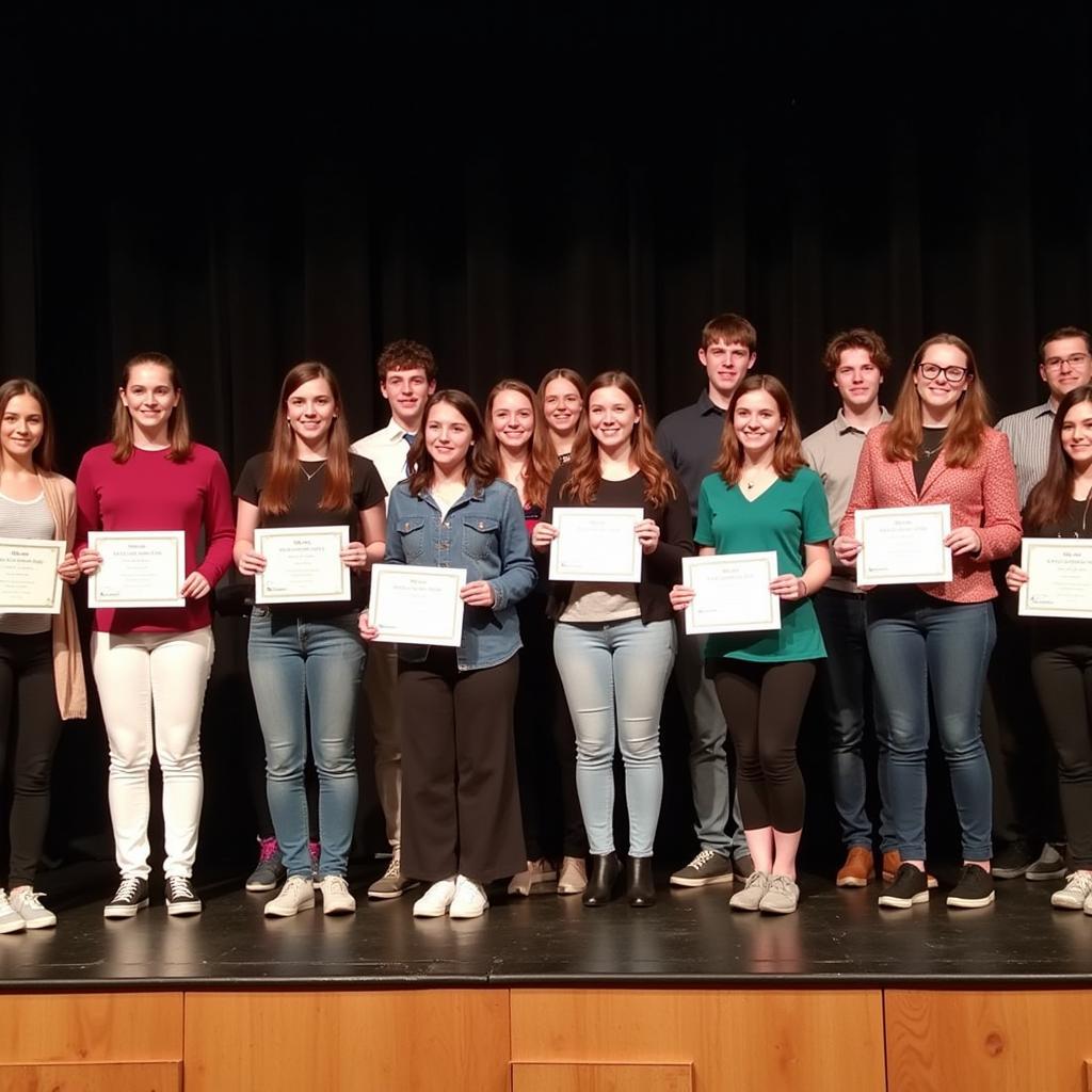 Students receiving their National Honor Society certificates during an induction ceremony