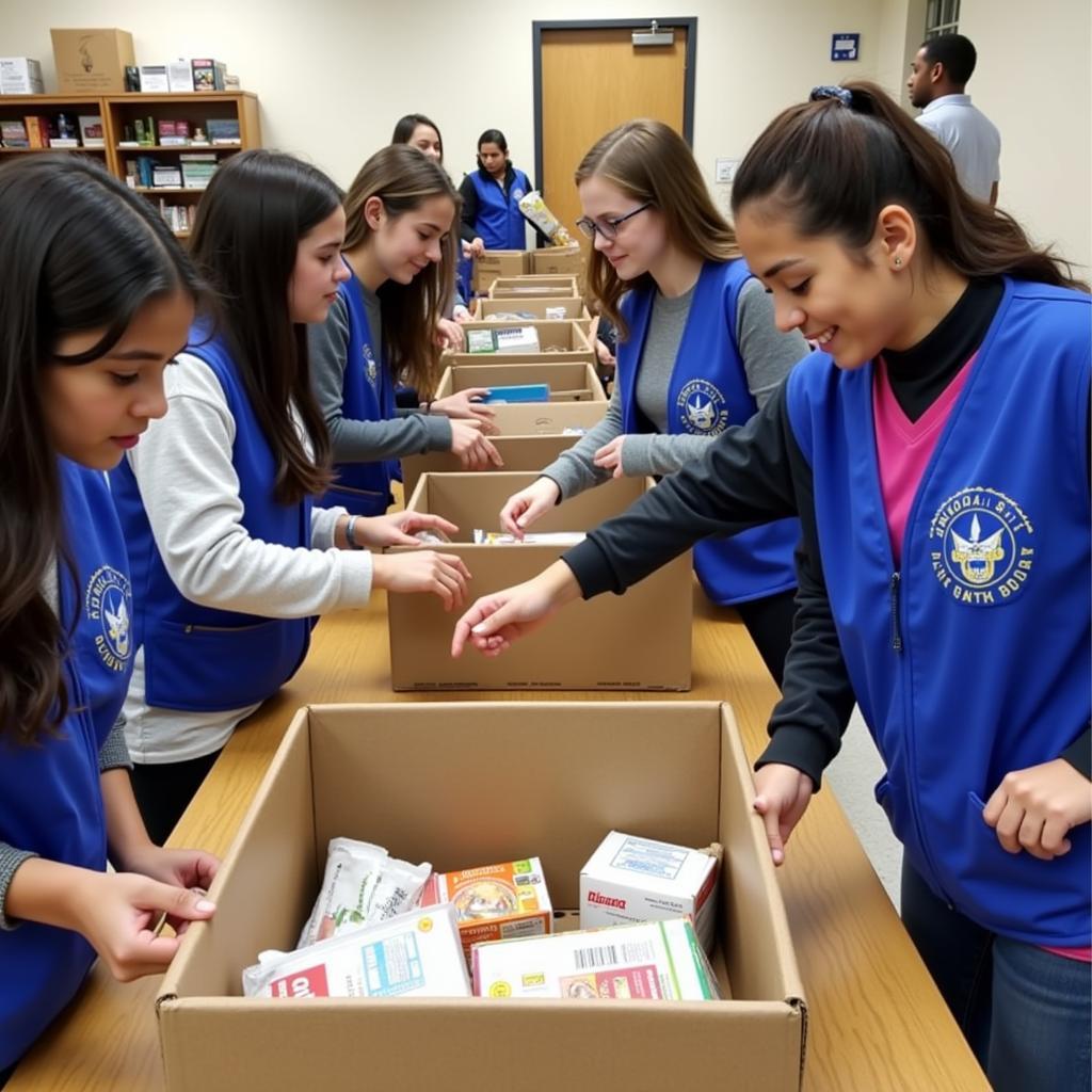 National Honor Society students volunteering at a local food bank, demonstrating community service