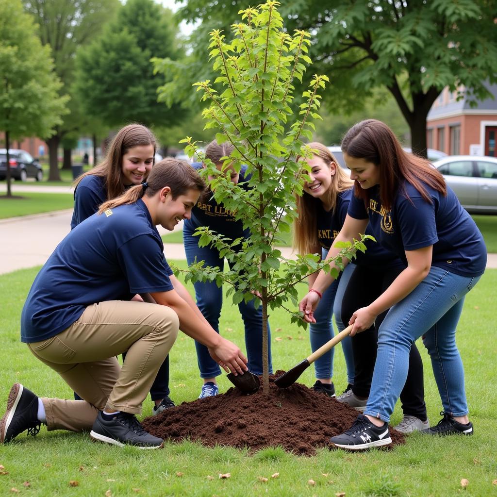 Group of National Honor Society volunteers planting trees in a park