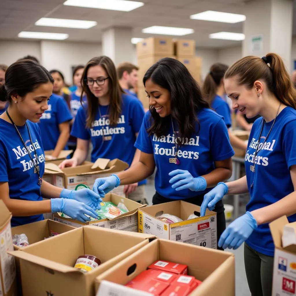 Students volunteering at a local food bank wearing NHS shirts