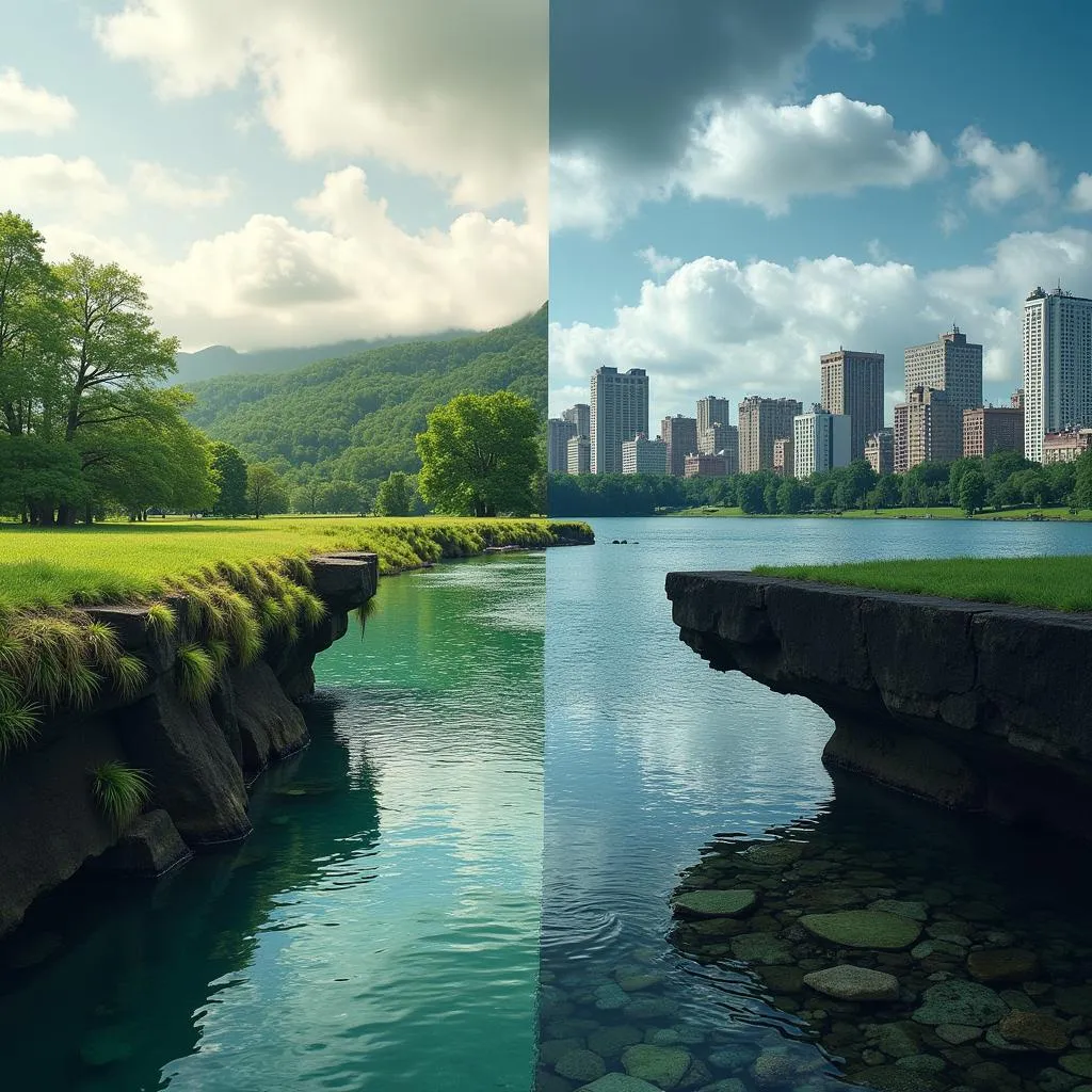 Image contrasting natural landscapes with an urban cityscape