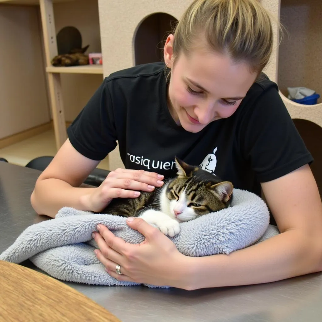 Volunteer Comforting a Cat at Nea Humane Society