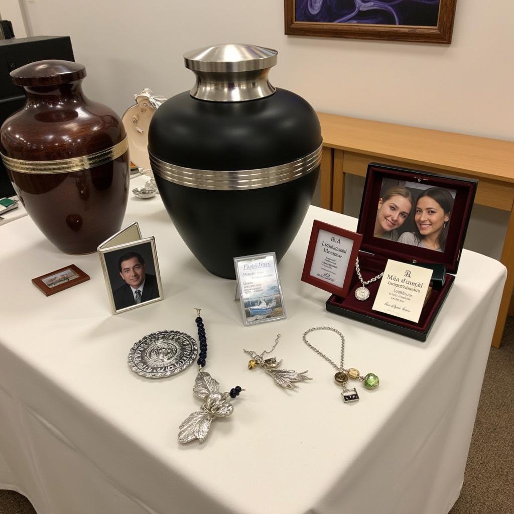 Various cremation urns and keepsakes offered by the Neptune Society