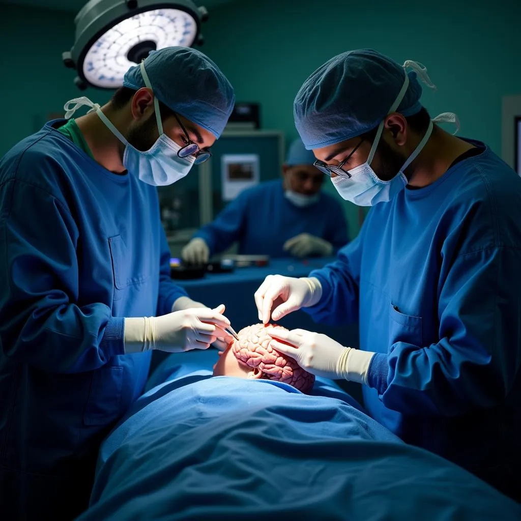 Skilled neurosurgeons performing intricate brain surgery