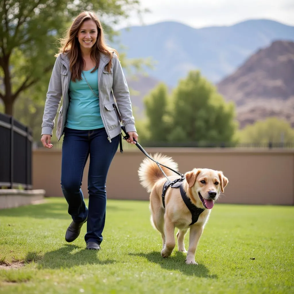 Volunteer walking a happy dog at Nevada Humane Society