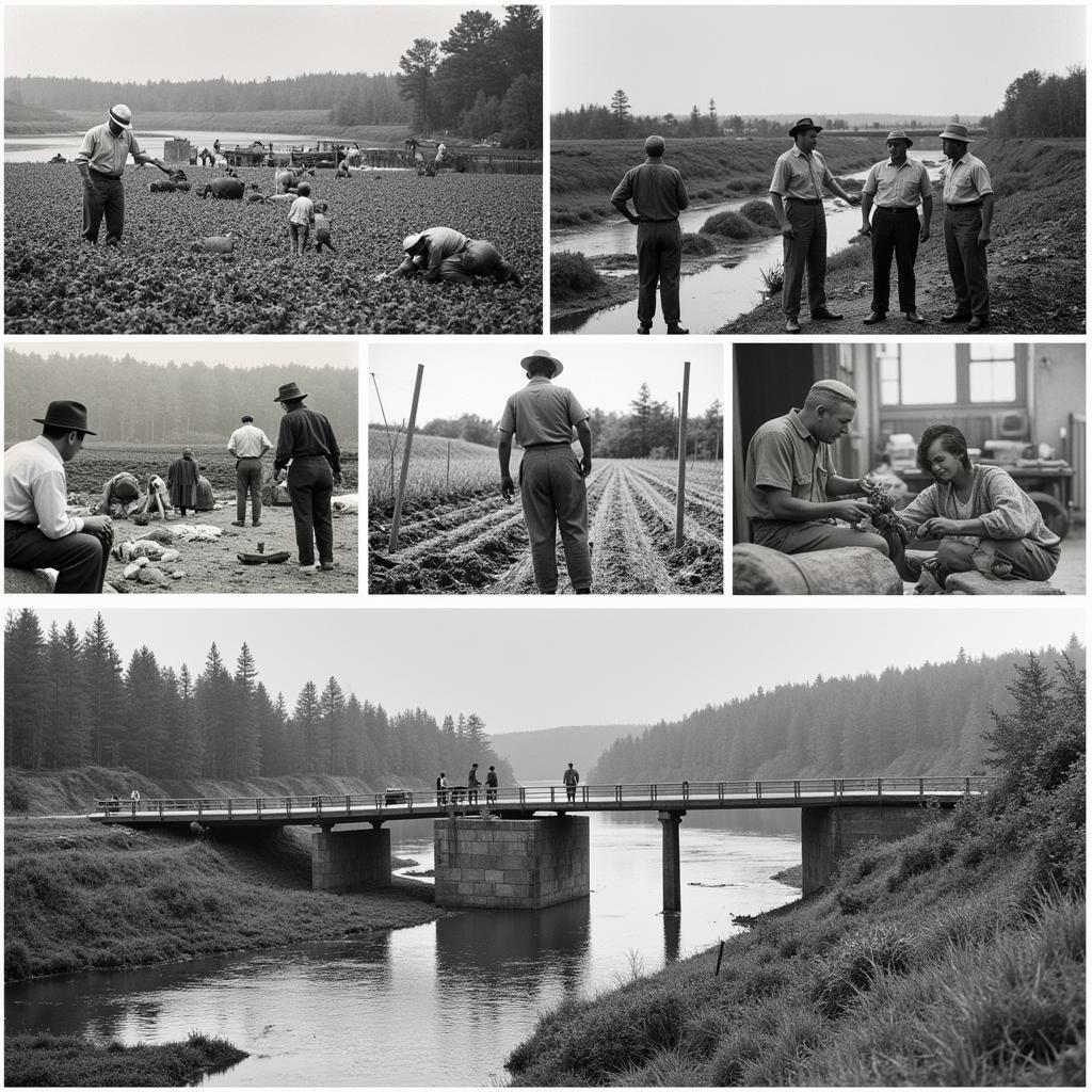 New Deal Programs: Images of construction workers, farmers receiving aid, and public works projects