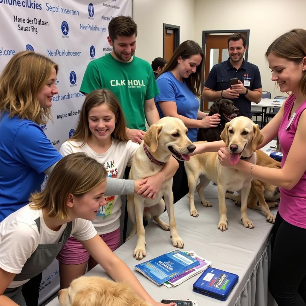 A heartwarming scene of families meeting adoptable dogs at a New Philadelphia Humane Society adoption event