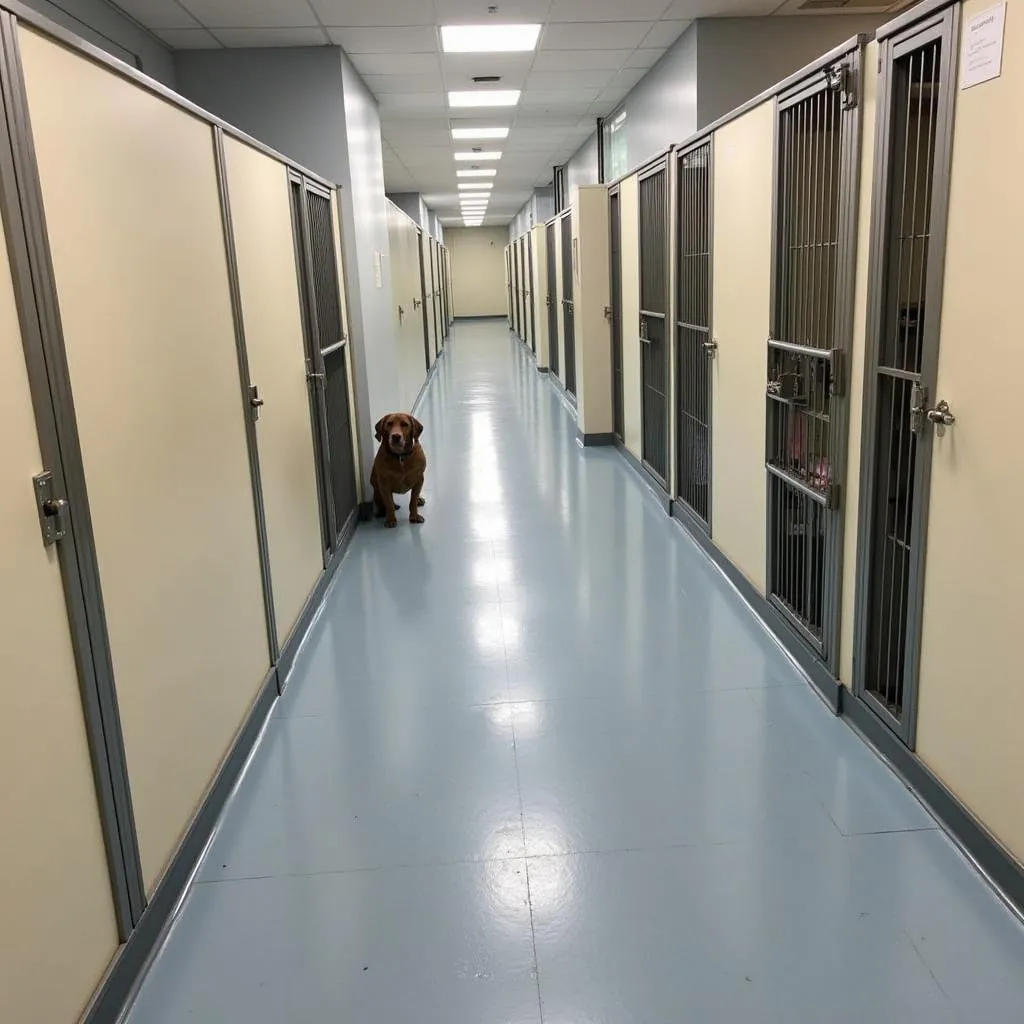 A dog patiently waits in its kennel at the NSBHS