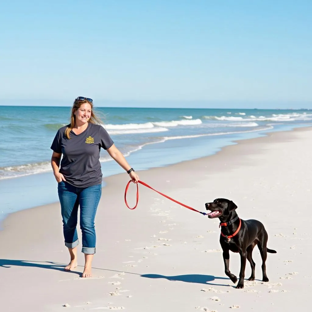 A volunteer walks a happy dog on the beach 