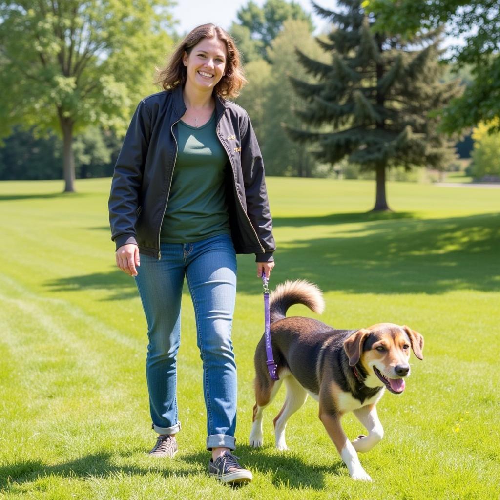 Volunteer walking a happy dog at the New Ulm Humane Society