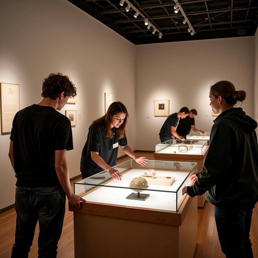 Interns setting up a historical exhibition