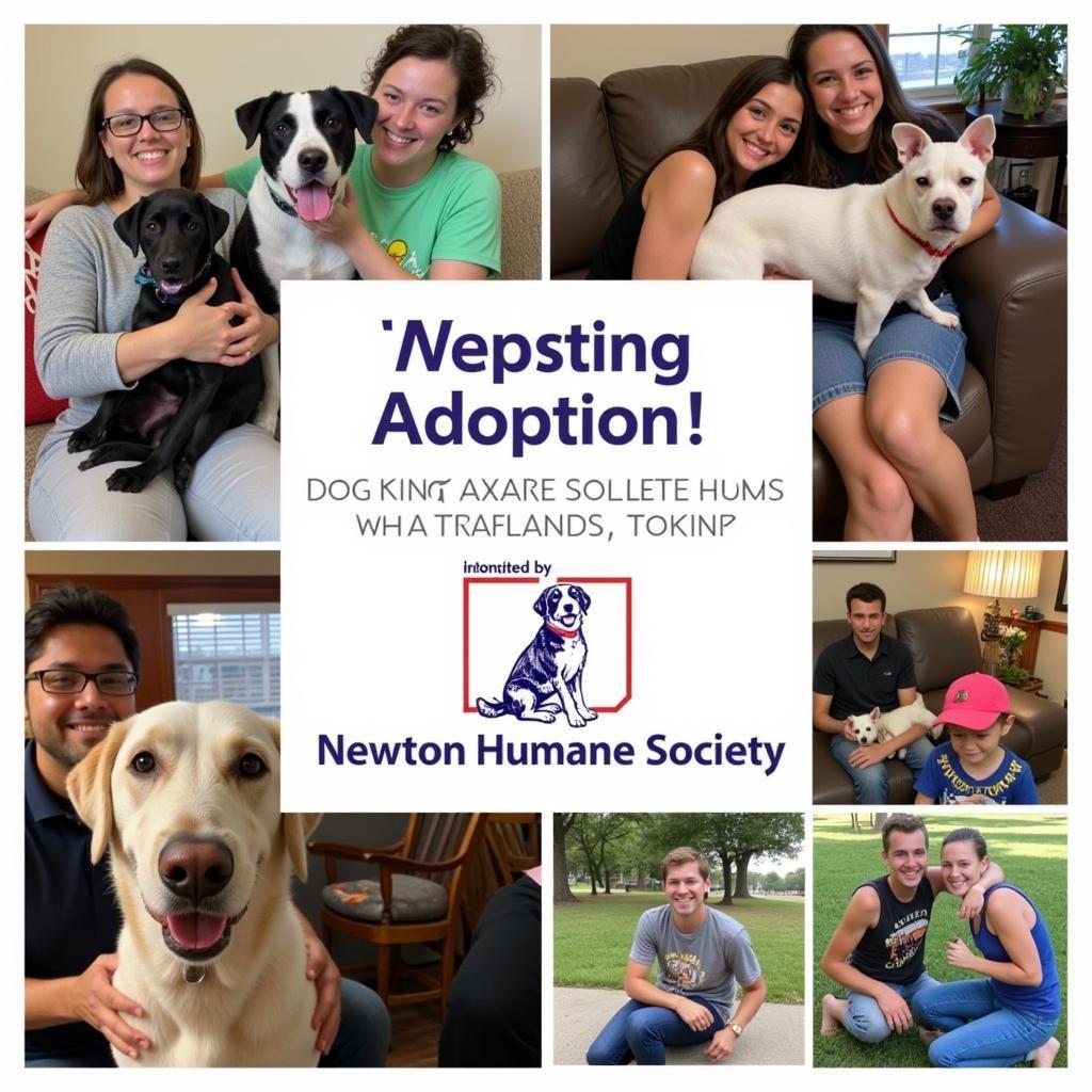 A collage of happy dogs that have been adopted from the Newton Humane Society, each photo capturing the joy they've found in their forever homes.