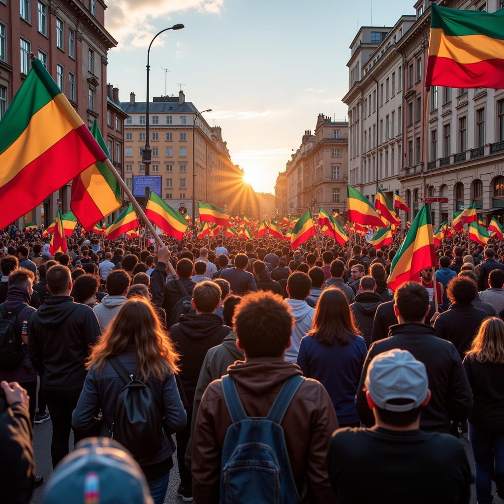 Large crowd engaged in a peaceful demonstration, holding signs and banners advocating for social change