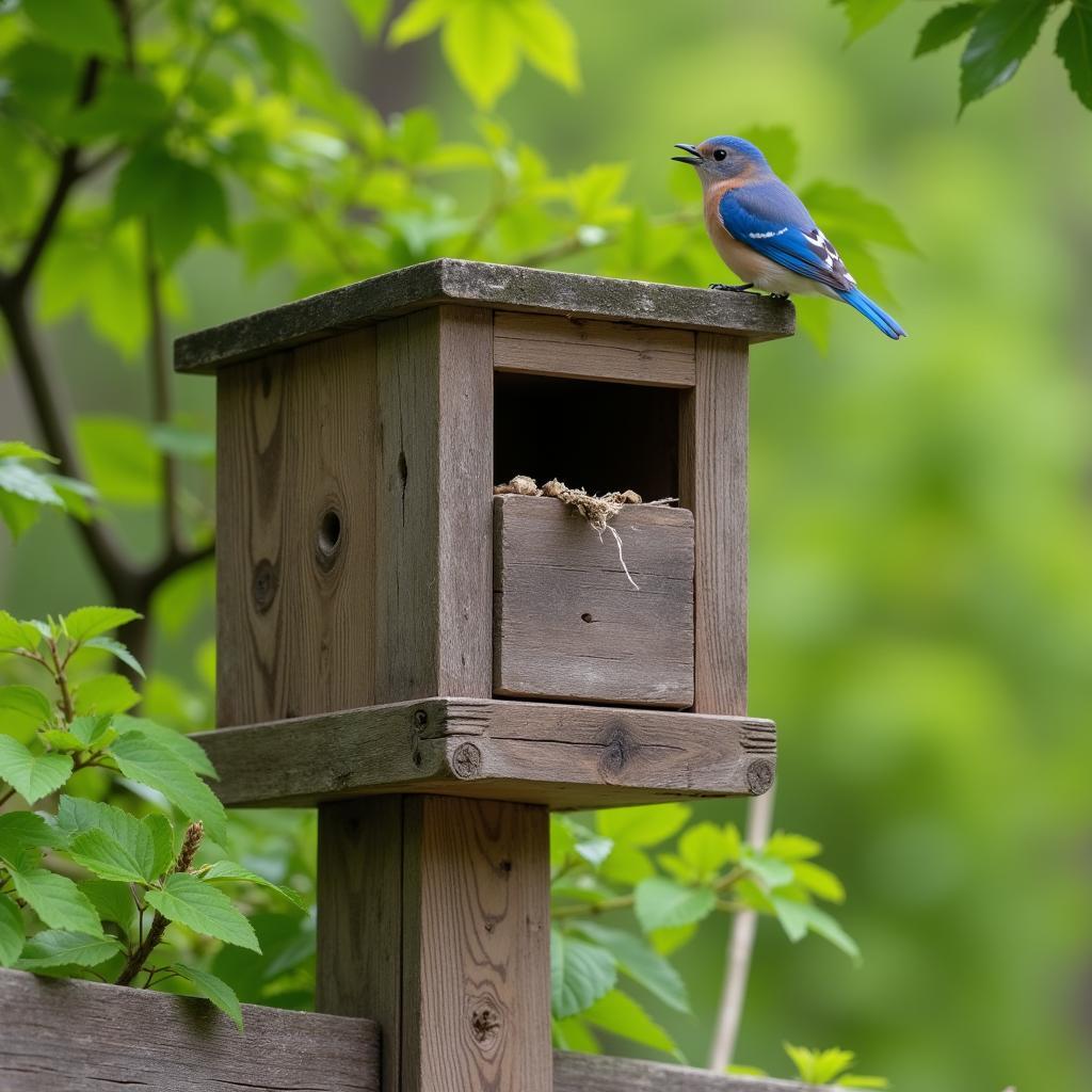 Bluebird perched on a nesting box