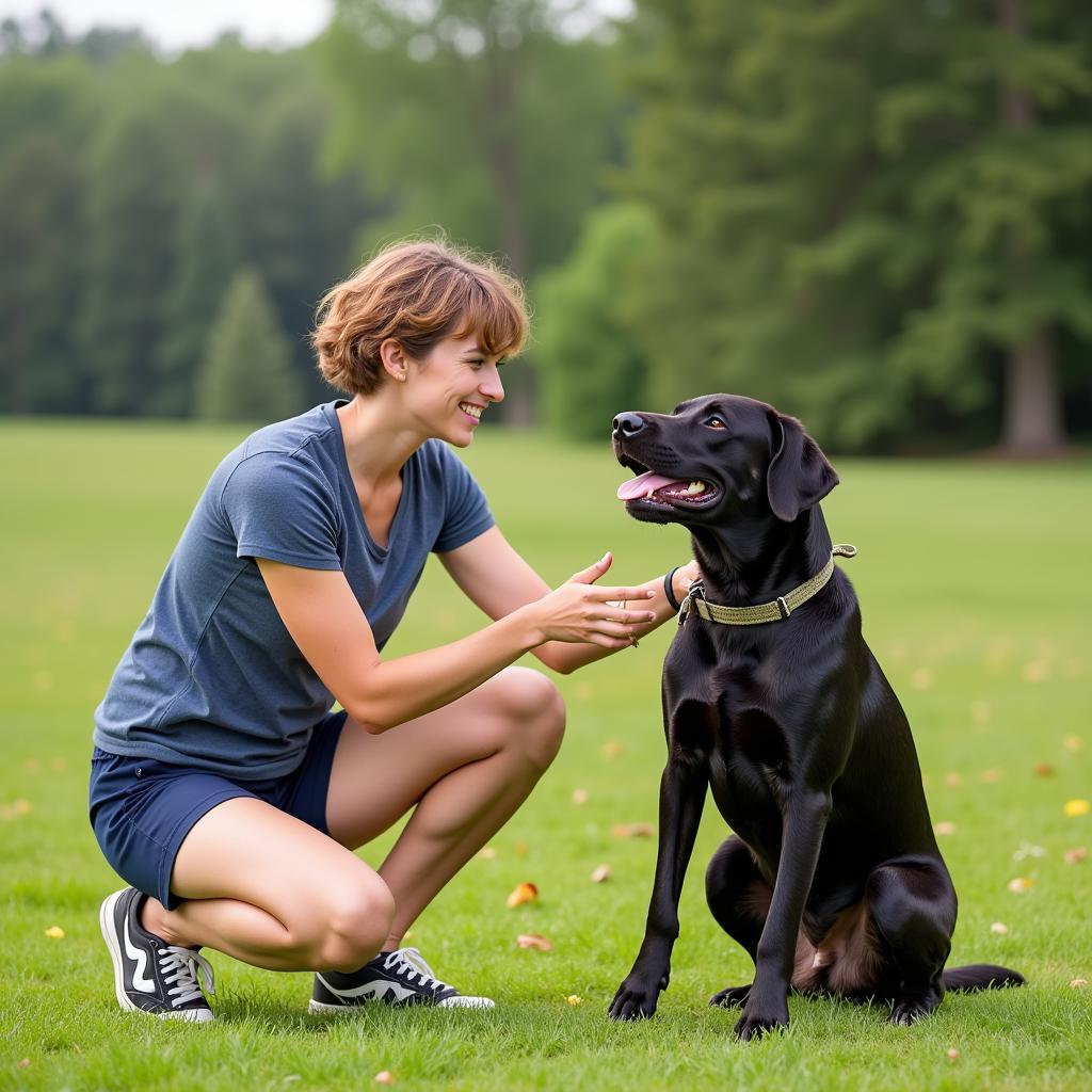 Dog and volunteer playing