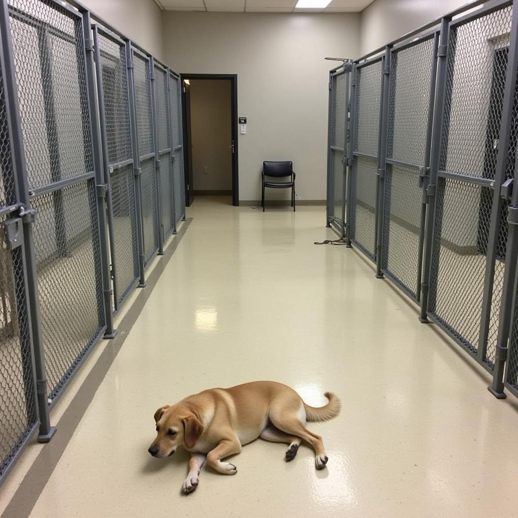 A volunteer happily interacts with a playful dog in a spacious kennel at the Humane Society.