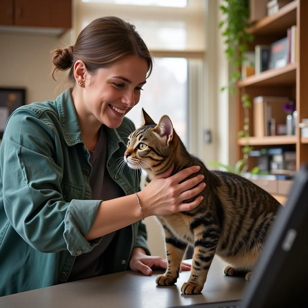 A volunteer at the Northland Animal Shelter tenderly cares for a cat.