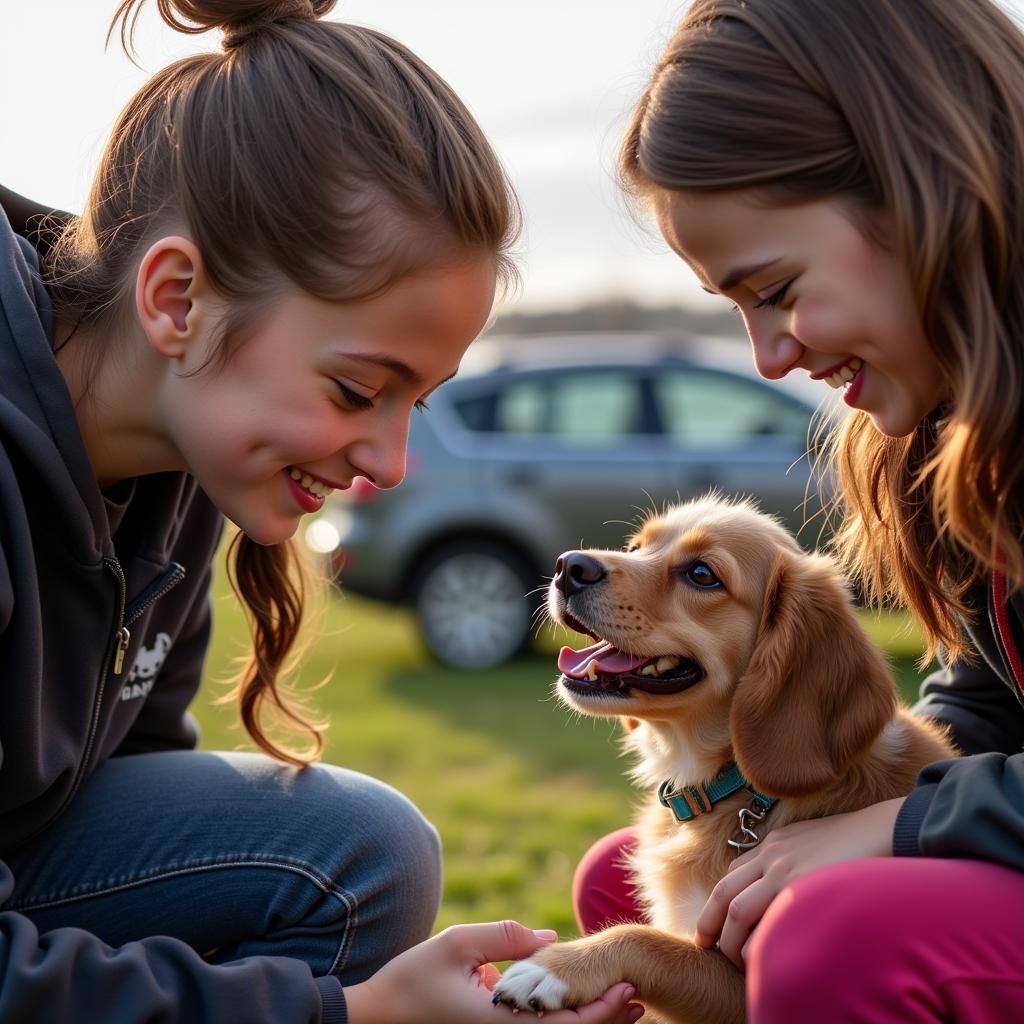 Joyful scene of a family adopting a dog