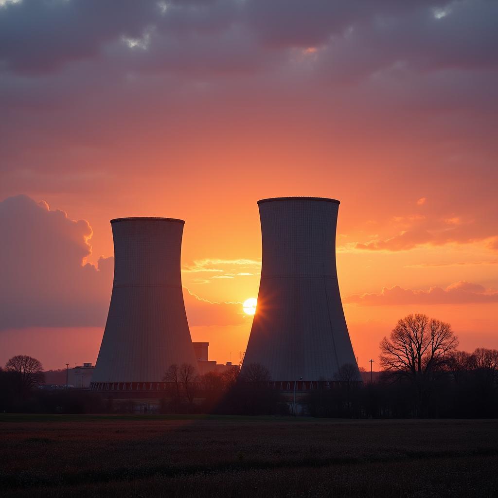 A modern nuclear power plant silhouetted against a vibrant sunset, symbolizing progress and clean energy.