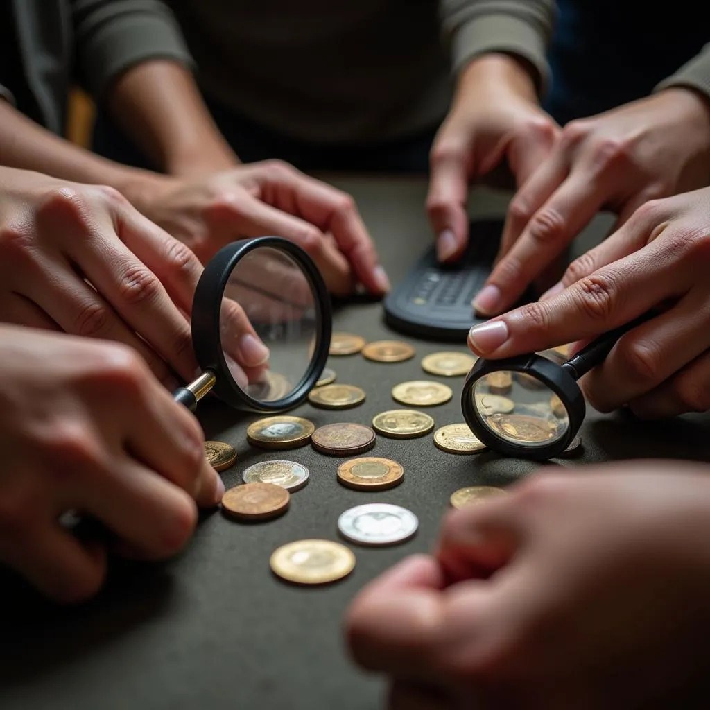 Numismatic society members examining coins