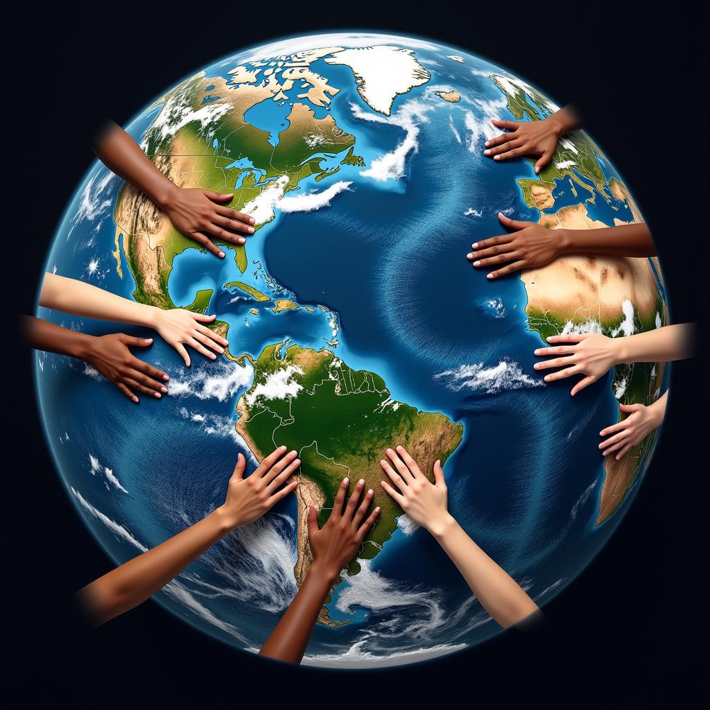 A world map with hands of different ethnicities reaching towards each other, representing global unity and understanding