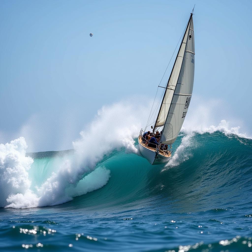 Sailboat navigating through powerful ocean waves