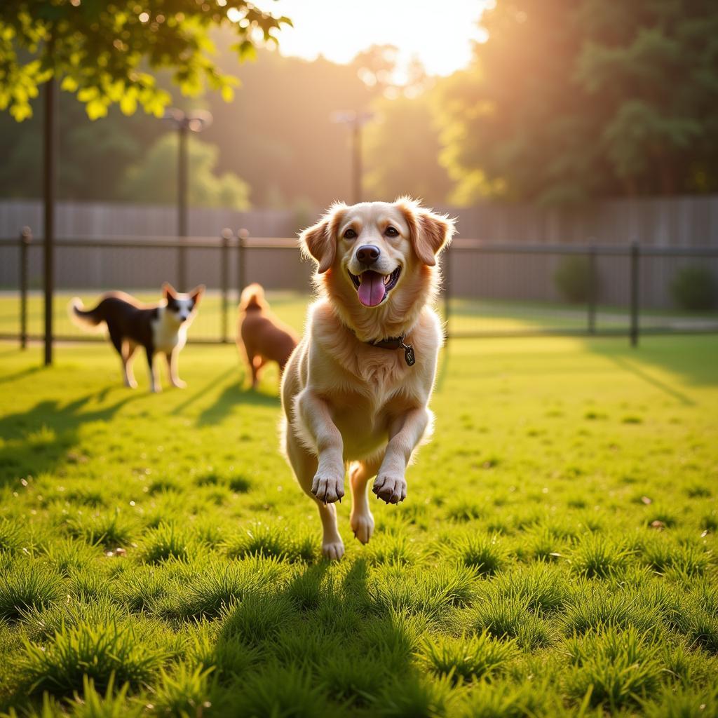 A happy dog running through a grassy field at the Oceanside Humane Society dog park.