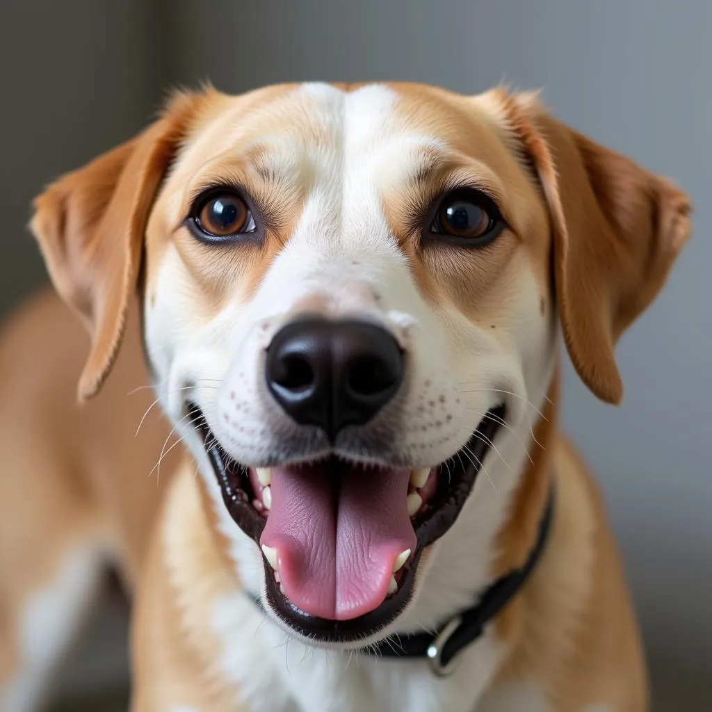 A close-up portrait of a happy dog at the Oconee Humane Society