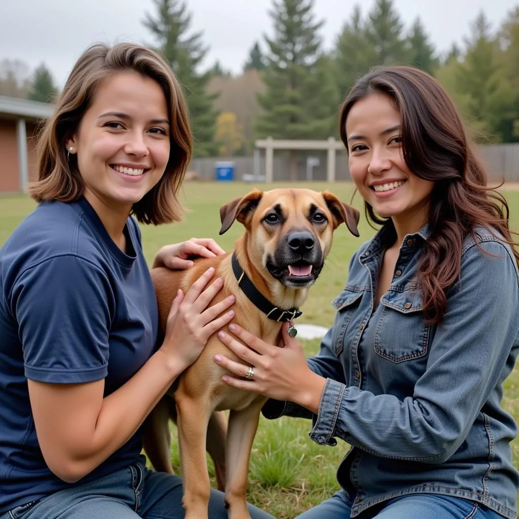 A volunteer walks a happy dog on a leash outside the Oconee Humane Society