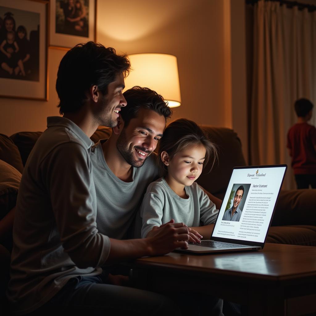 Family gathered around a computer viewing an online obituary