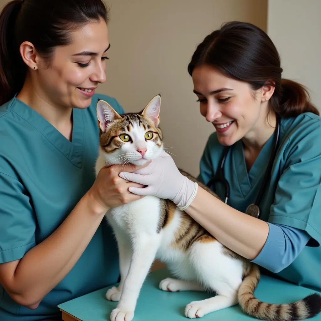 A veterinarian providing care to a cat at the Old Dominion Humane Society