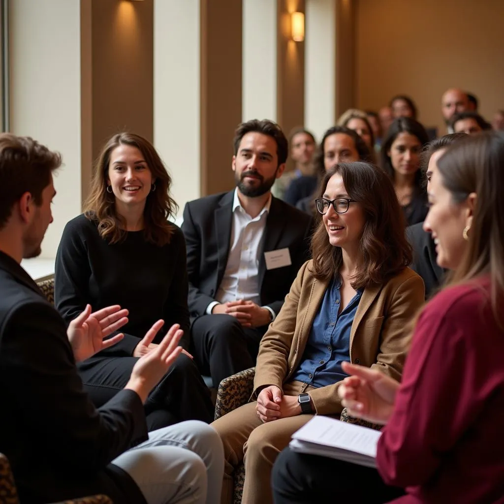 Diverse group engaged in lively discussion at a One Society Salon