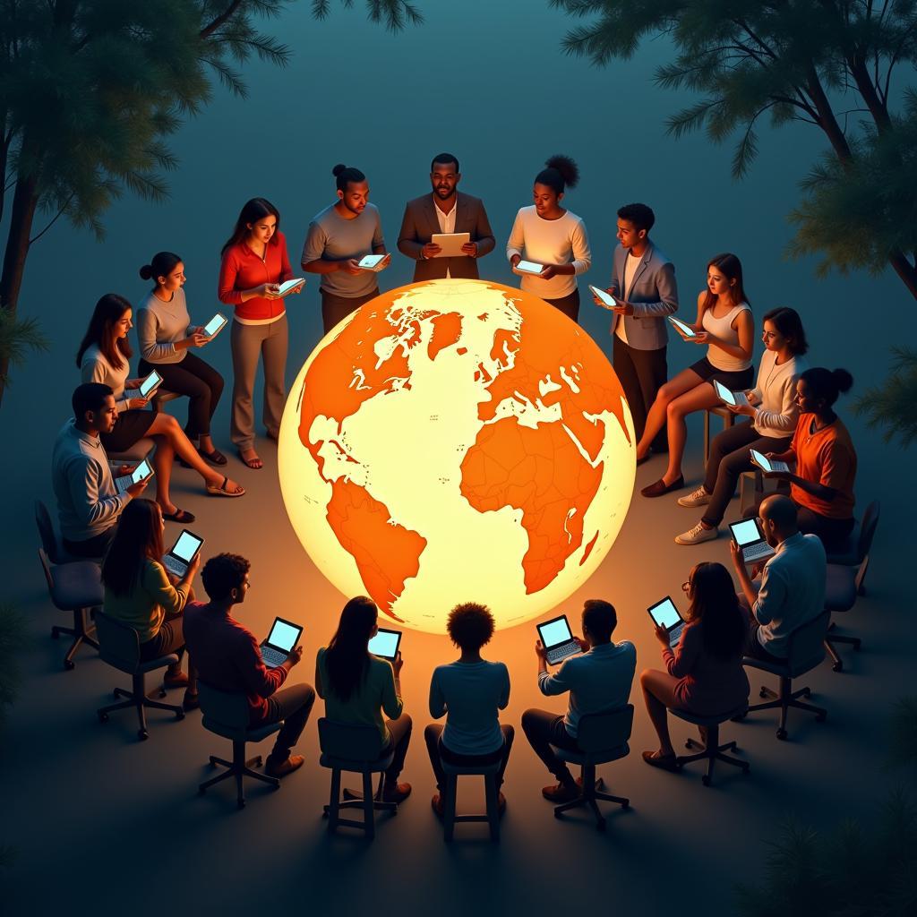 People from different cultures and backgrounds gathered around a glowing globe, sharing stories and experiences online.