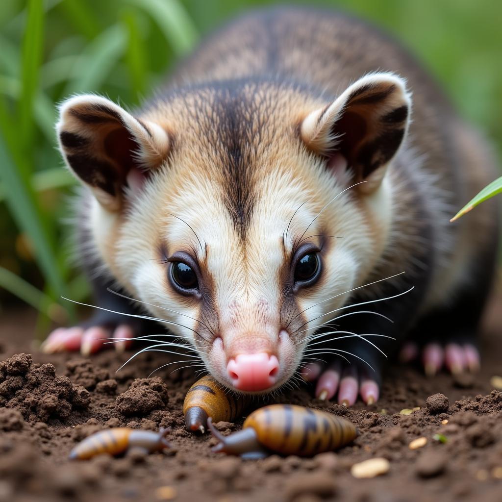 An opossum feasting on slugs and snails in a garden