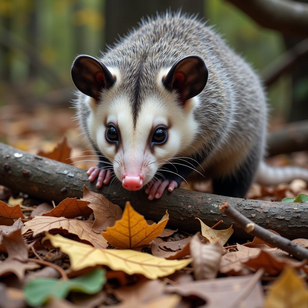 An opossum foraging for food in the undergrowth.