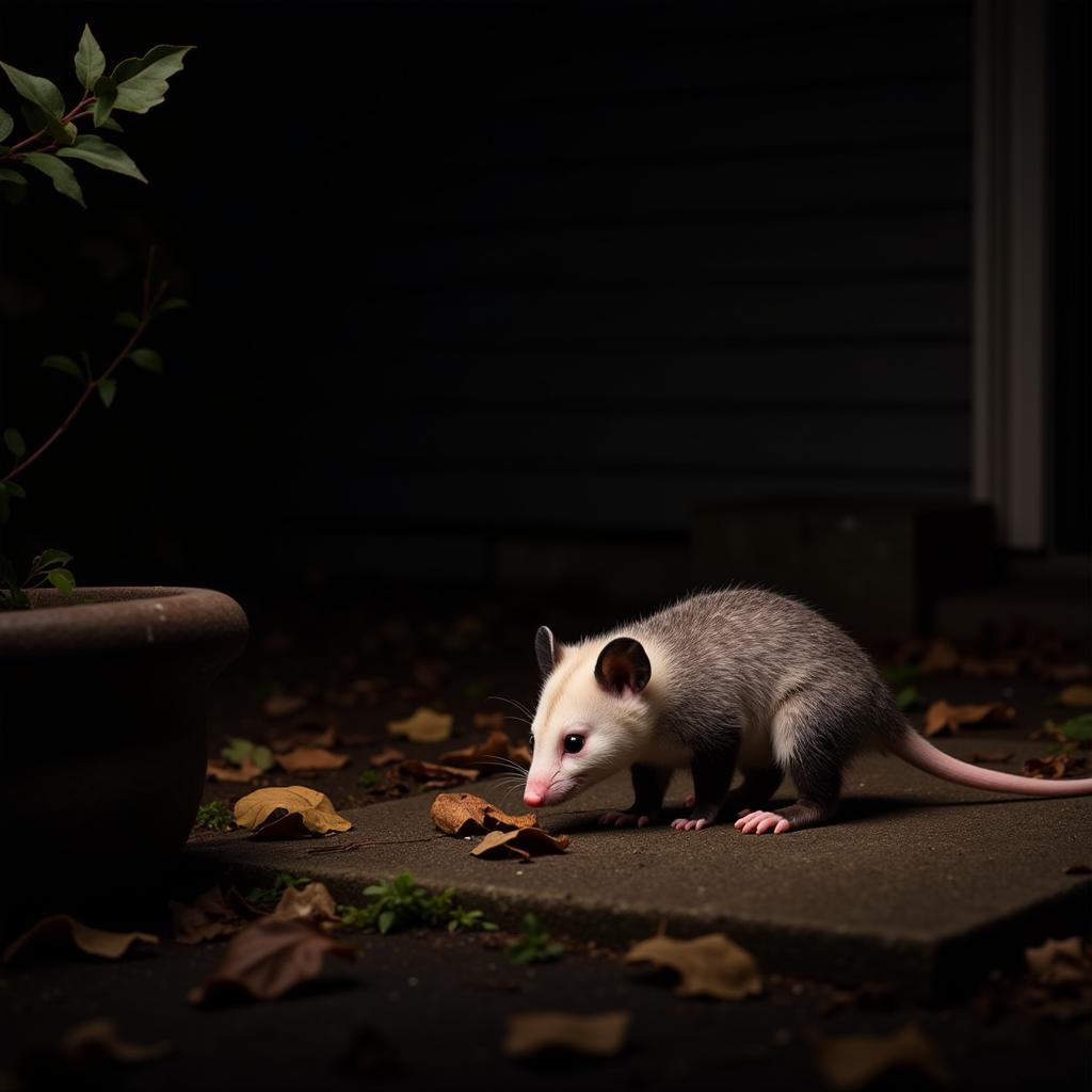 An opossum foraging in a typical suburban yard