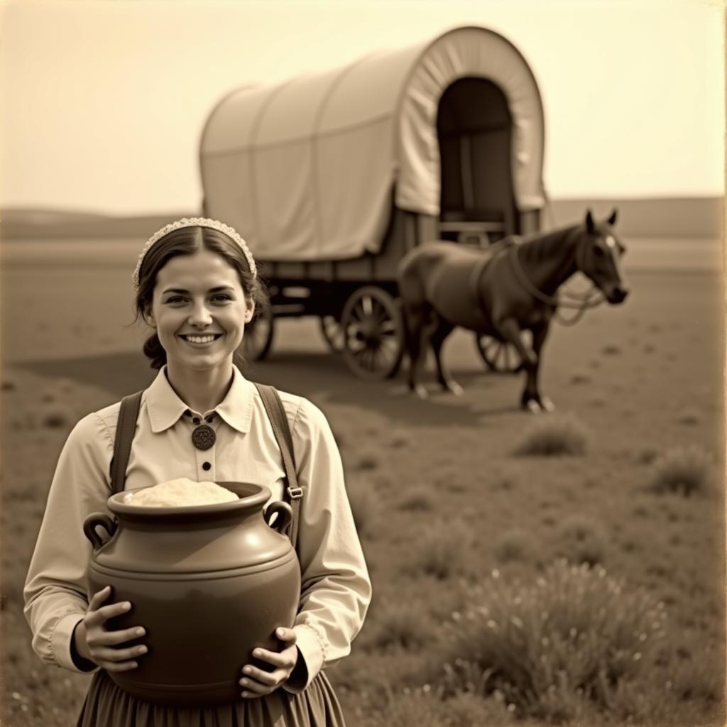 Covered wagon traversing the Oregon Trail, with a woman holding a sourdough starter