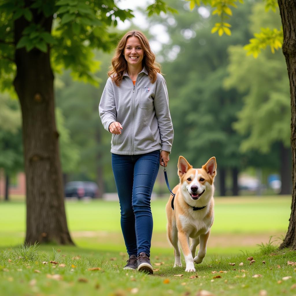 Volunteer walking a happy dog at the Otter Tail County Humane Society