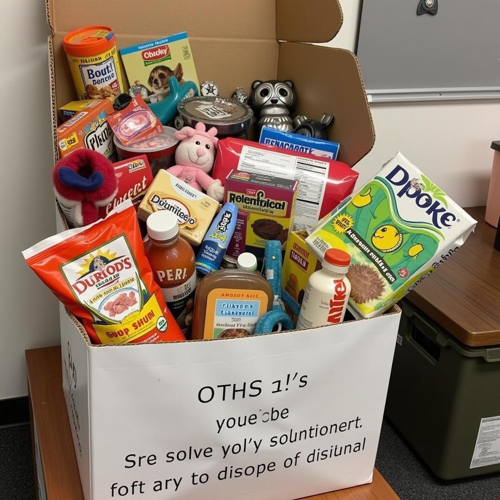 Donation box overflowing with pet supplies at the OTCHS entrance