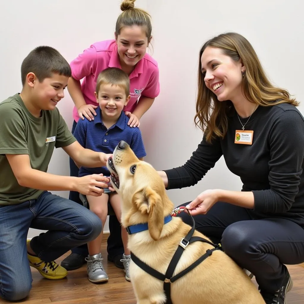 A compassionate adoption counselor interacts with a family and their chosen dog in a bright, friendly interaction room at Outagamie Humane Society