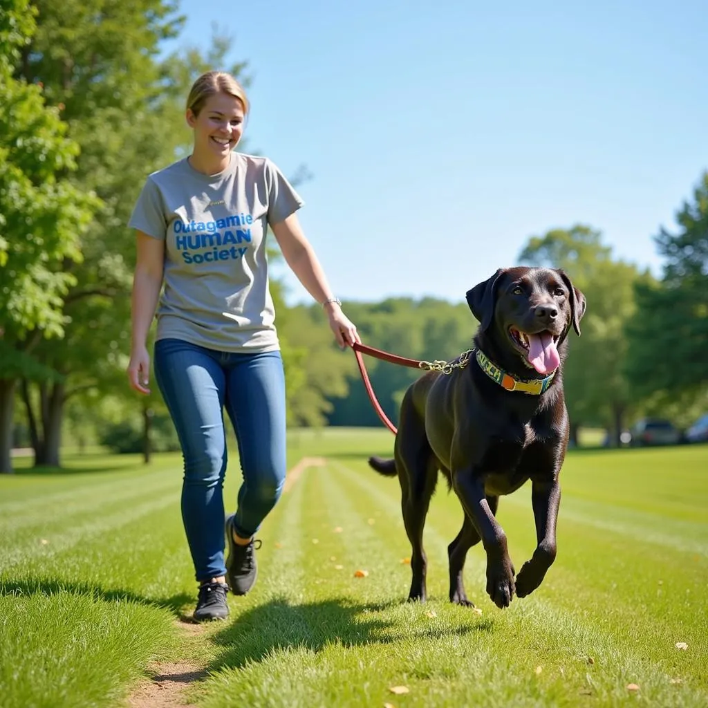 A volunteer enjoys a sunny day walking a happy dog from the Outagamie Humane Society