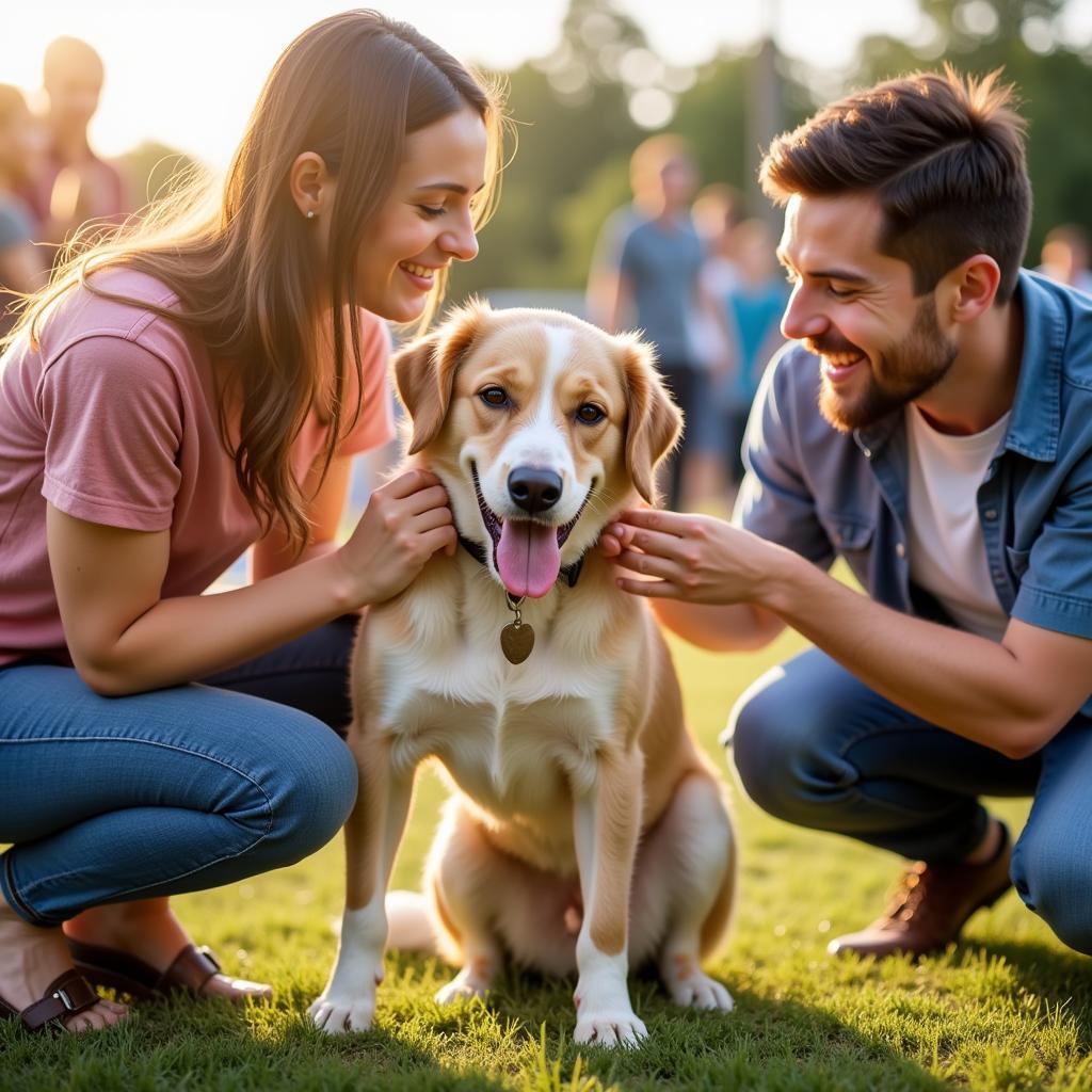 Family meeting a dog at an adoption event