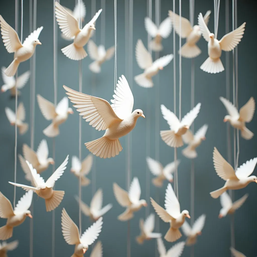 A display of intricately crafted paper doves symbolizing peace