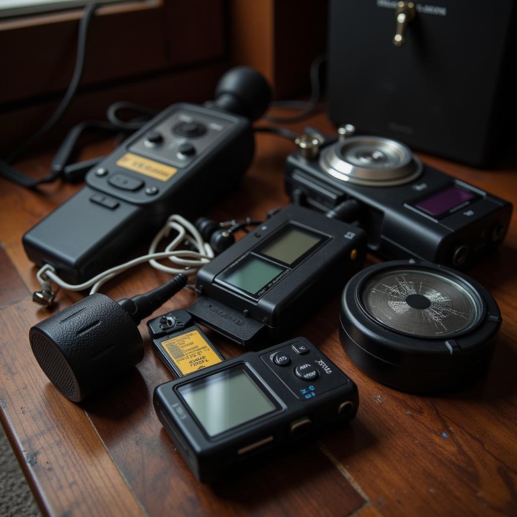 Paranormal investigation equipment laid out on a table