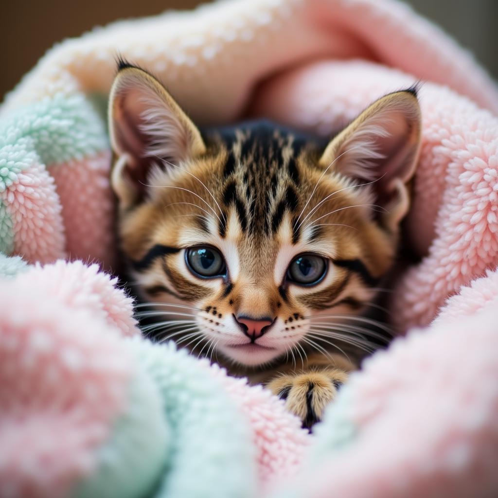 Kitten Cuddling in Blanket