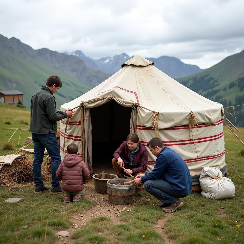 Pastoral Family Setting Up Camp