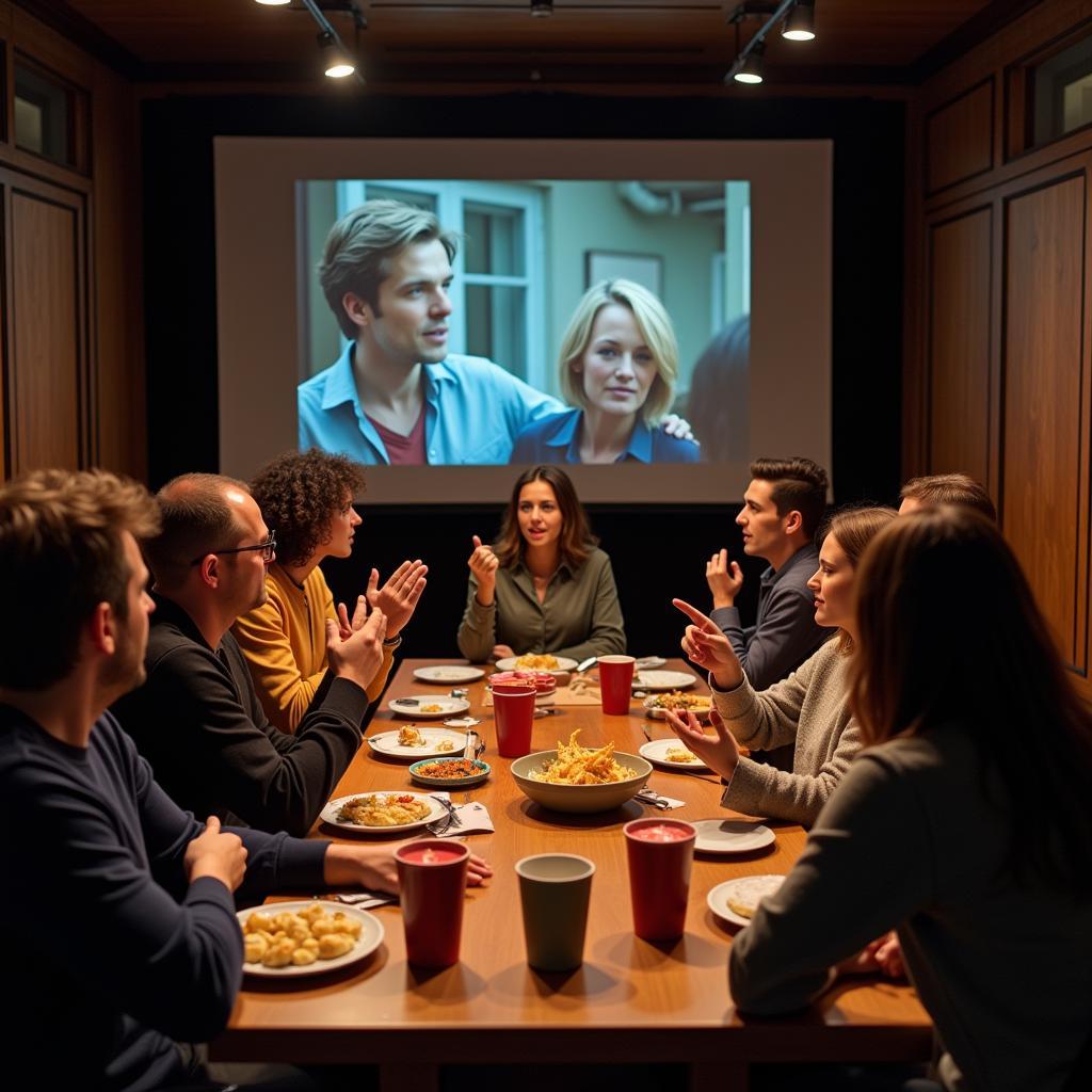 A group of people engaged in a lively discussion about a movie.